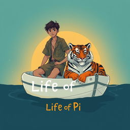 An evocative illustration inspired by 'Life of Pi', depicting a strong 16-year-old boy stranded on a small, white lifeboat alongside a majestic Bengal tiger