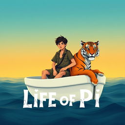 An evocative illustration inspired by 'Life of Pi', depicting a strong 16-year-old boy stranded on a small, white lifeboat alongside a majestic Bengal tiger