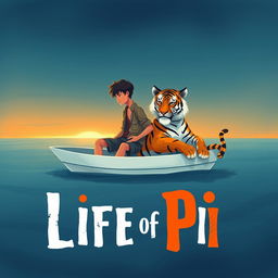 An evocative illustration inspired by 'Life of Pi', depicting a strong 16-year-old boy stranded on a small, white lifeboat alongside a majestic Bengal tiger