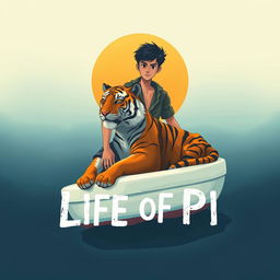 An evocative illustration inspired by 'Life of Pi', depicting a strong 16-year-old boy stranded on a small, white lifeboat alongside a majestic Bengal tiger