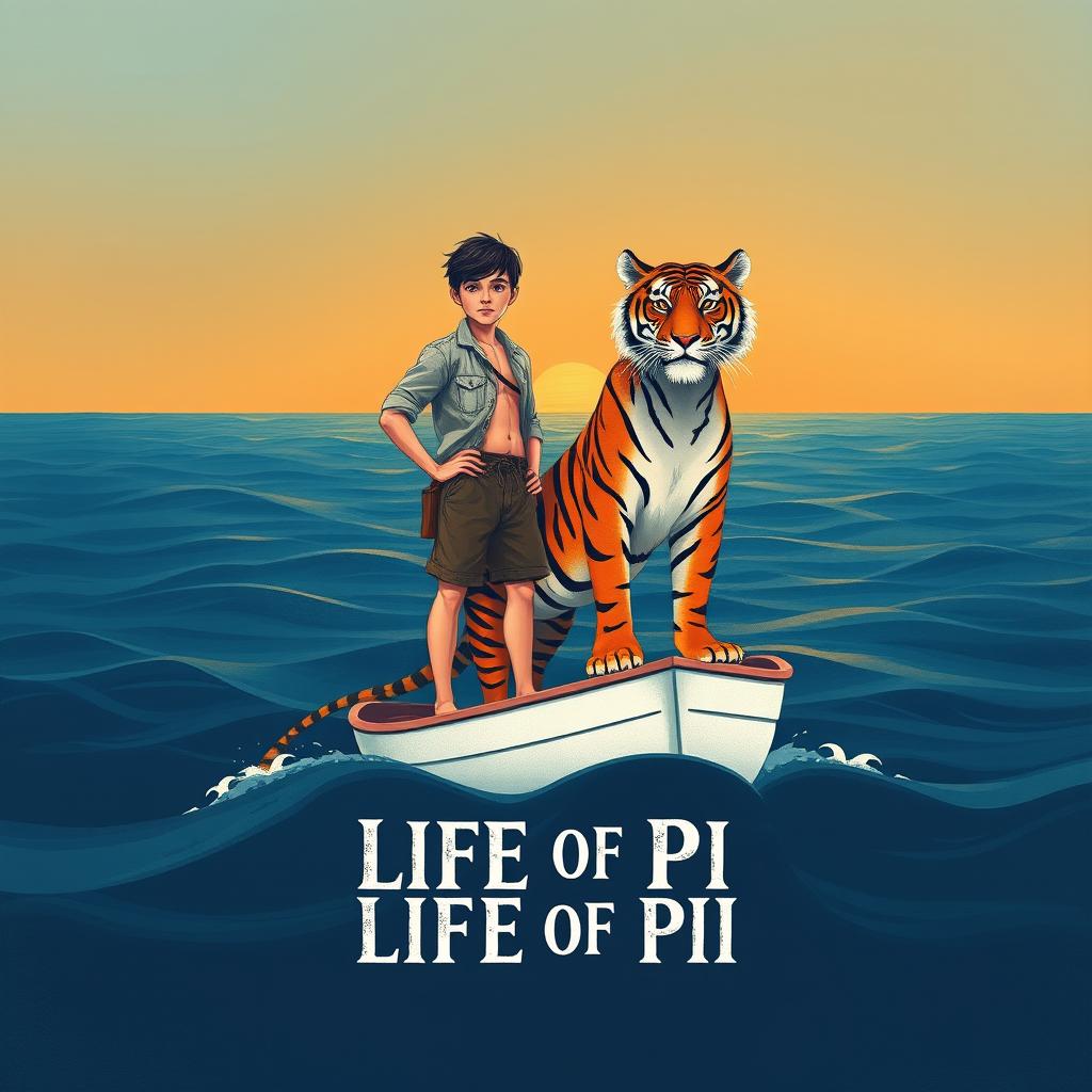 An evocative illustration inspired by 'Life of Pi', featuring a strong 16-year-old boy confidently standing on a small, white lifeboat alongside a majestic Bengal tiger