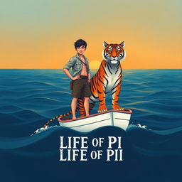 An evocative illustration inspired by 'Life of Pi', featuring a strong 16-year-old boy confidently standing on a small, white lifeboat alongside a majestic Bengal tiger