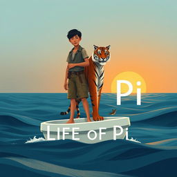 An evocative illustration inspired by 'Life of Pi', featuring a strong 16-year-old boy confidently standing on a small, white lifeboat alongside a majestic Bengal tiger