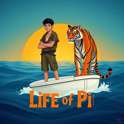 An evocative illustration inspired by 'Life of Pi', featuring a strong 16-year-old boy confidently standing on a small, white lifeboat alongside a majestic Bengal tiger