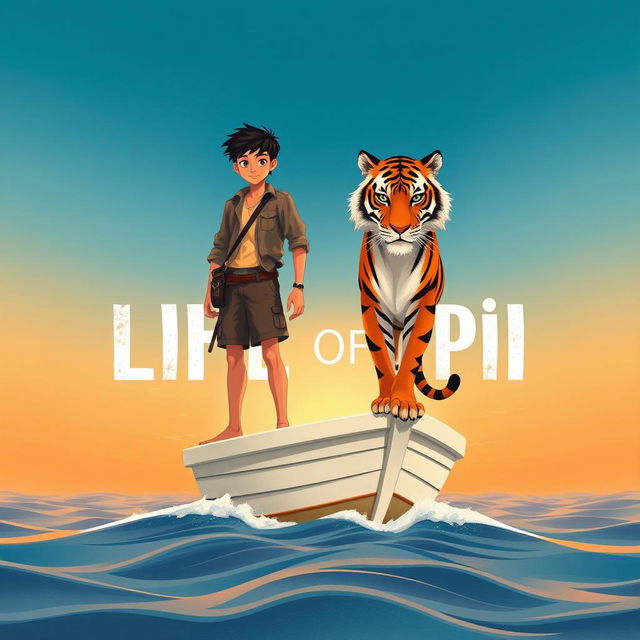 An evocative illustration inspired by 'Life of Pi', featuring a strong 16-year-old boy confidently standing on a small, white lifeboat alongside a majestic Bengal tiger