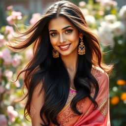 A stunning portrait of a South Asian woman, resembling a glamorous Bollywood actress with long, flowing dark hair and expressive features