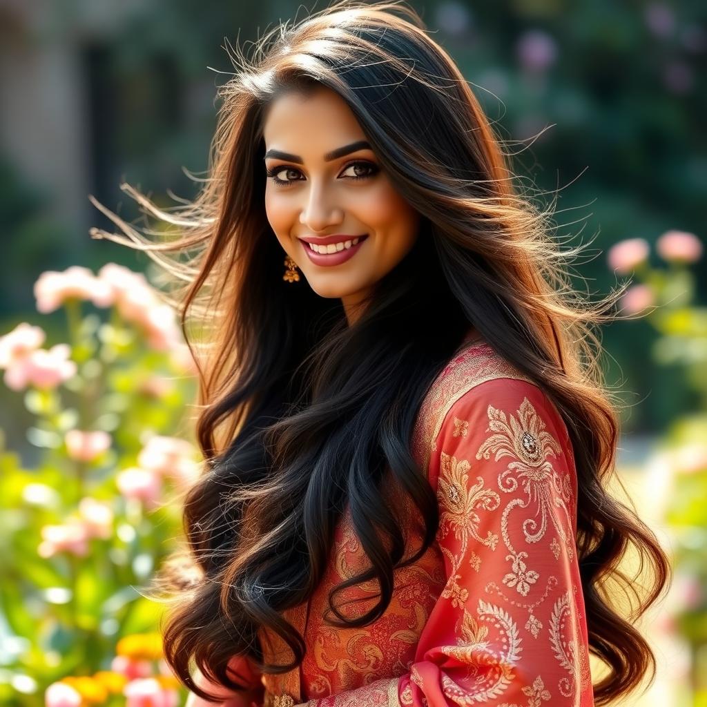 A stunning portrait of a South Asian woman, resembling a glamorous Bollywood actress with long, flowing dark hair and expressive features