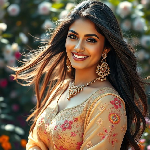 A stunning portrait of a South Asian woman, resembling a glamorous Bollywood actress with long, flowing dark hair and expressive features