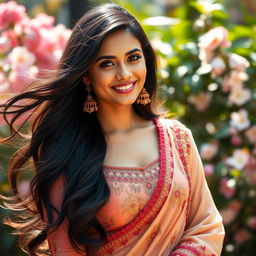 A stunning portrait of a South Asian woman, resembling a glamorous Bollywood actress with long, flowing dark hair and expressive features