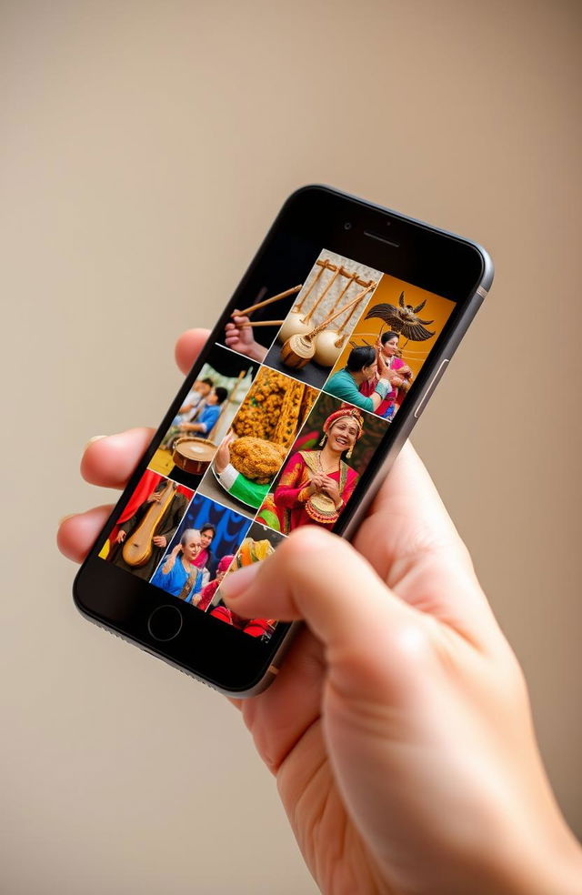 A hand holding a smartphone displaying multiple images of rich regional cultures, showcasing various musical instruments, traditional dances from Indonesia, and iconic special foods