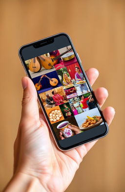 A hand holding a smartphone displaying multiple images of rich regional cultures, showcasing various musical instruments, traditional dances from Indonesia, and iconic special foods