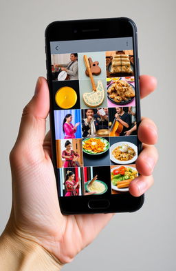 A hand holding a smartphone displaying multiple images of rich regional cultures, showcasing various musical instruments, traditional dances from Indonesia, and iconic special foods