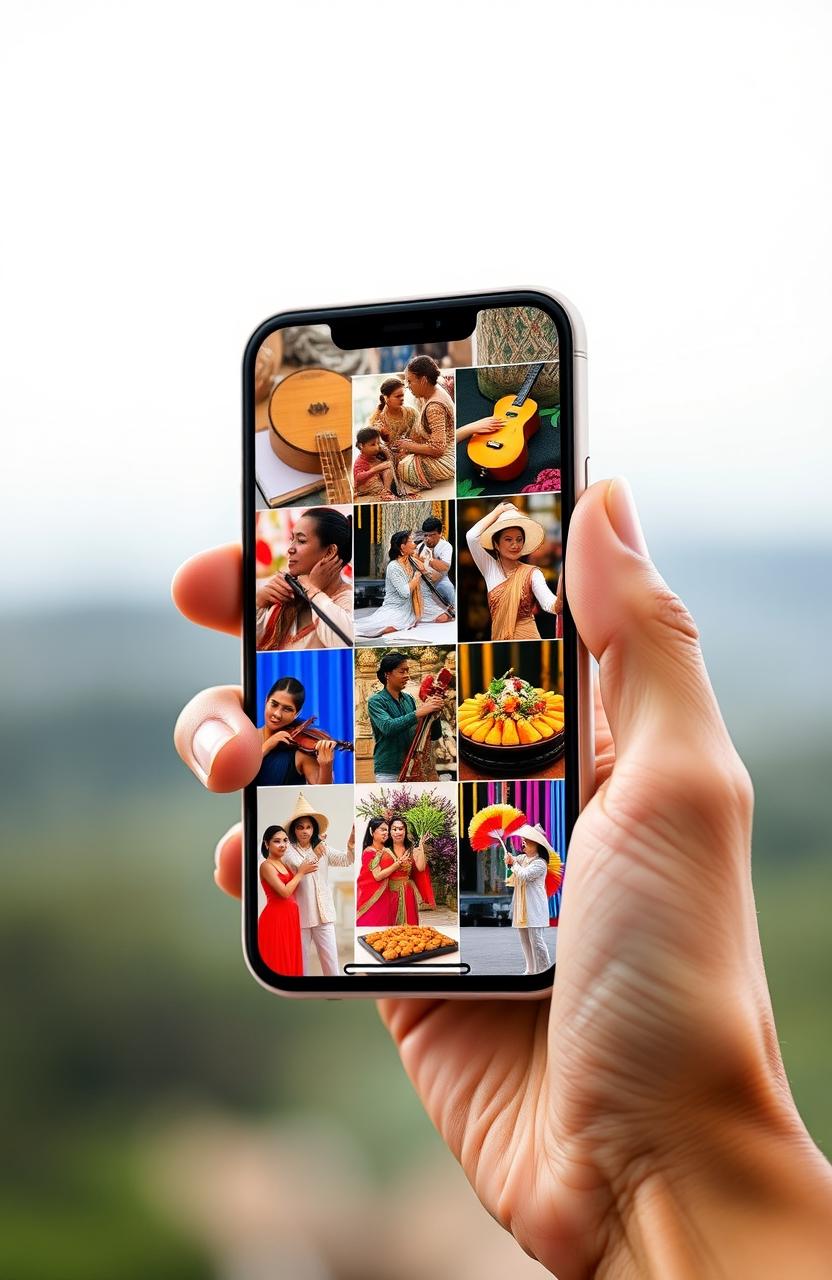 A hand holding a smartphone displaying multiple images of rich regional cultures, showcasing various musical instruments, traditional dances from Indonesia, and iconic special foods