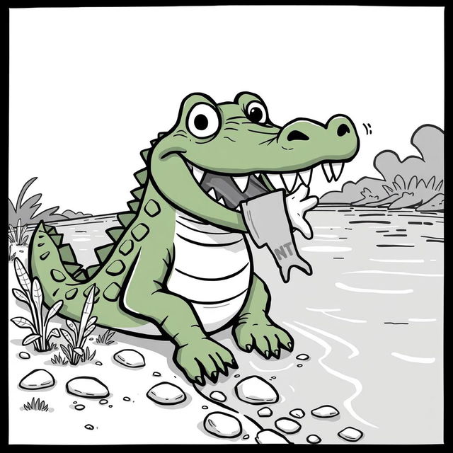 A cartoonish black-and-white illustration of a Nile crocodile perched at the edge of a river