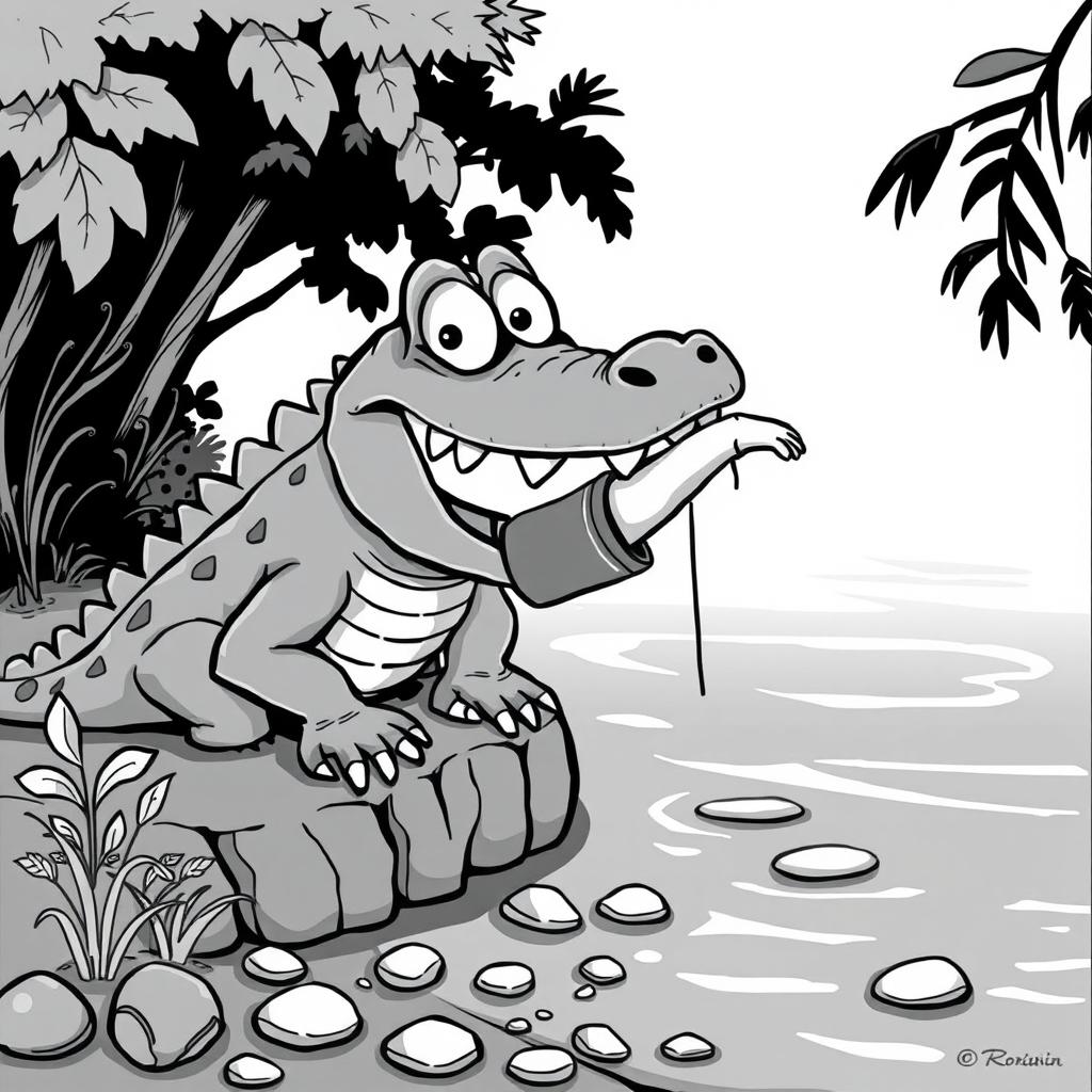 A cartoonish black-and-white illustration of a Nile crocodile perched at the edge of a river