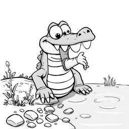 A cartoonish black-and-white illustration of a Nile crocodile perched at the edge of a river