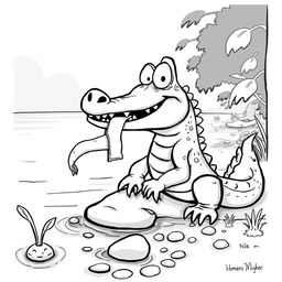 A cartoonish black-and-white illustration of a Nile crocodile perched at the edge of a river