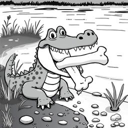 A cartoonish black-and-white illustration of a Nile crocodile at the edge of a river