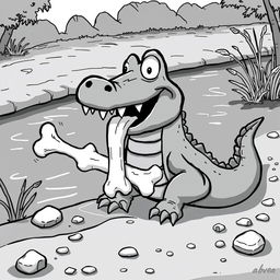 A cartoonish black-and-white illustration of a Nile crocodile at the edge of a river