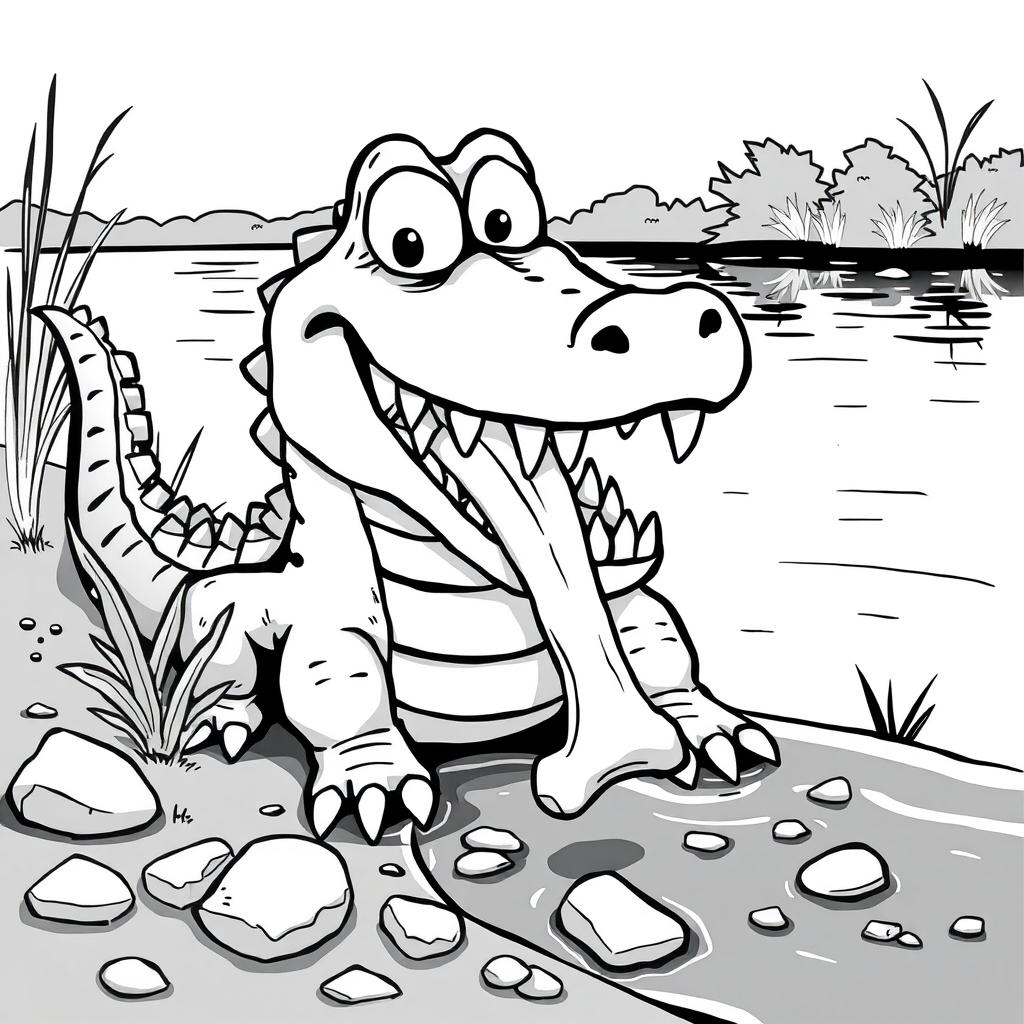 A cartoonish black-and-white illustration of a Nile crocodile at the edge of a river