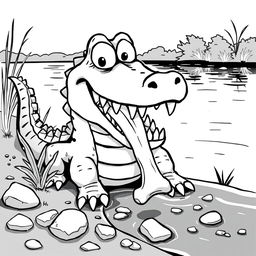 A cartoonish black-and-white illustration of a Nile crocodile at the edge of a river