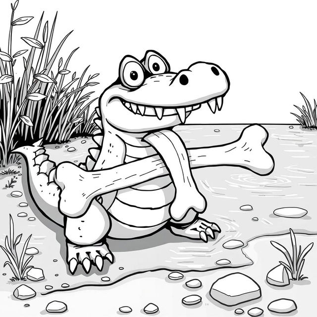 A cartoonish black-and-white illustration of a Nile crocodile at the edge of a river