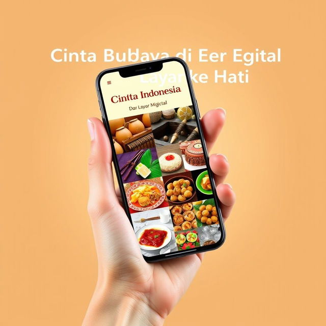 A hand elegantly holding a smartphone displaying a collage of various regional Indonesian cultures, including images of traditional musical instruments like the gamelan, dynamic scenes of traditional dances such as the Balinese Kecak, colorful arrangements of special Indonesian foods like Nasi Goreng and Rendang, and a vibrant mix of cultural backgrounds showcasing the diversity of Indonesia