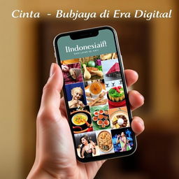 A hand elegantly holding a smartphone displaying a collage of various regional Indonesian cultures, including images of traditional musical instruments like the gamelan, dynamic scenes of traditional dances such as the Balinese Kecak, colorful arrangements of special Indonesian foods like Nasi Goreng and Rendang, and a vibrant mix of cultural backgrounds showcasing the diversity of Indonesia