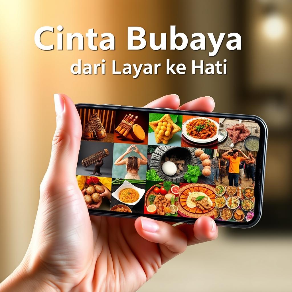 A hand elegantly holding a smartphone displaying a collage of various regional Indonesian cultures, including images of traditional musical instruments like the gamelan, dynamic scenes of traditional dances such as the Balinese Kecak, colorful arrangements of special Indonesian foods like Nasi Goreng and Rendang, and a vibrant mix of cultural backgrounds showcasing the diversity of Indonesia