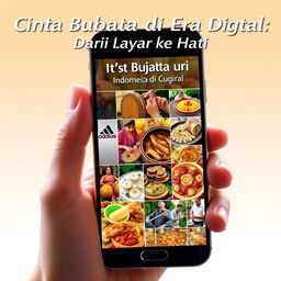 A hand elegantly holding a smartphone displaying a collage of various regional Indonesian cultures, including images of traditional musical instruments like the gamelan, dynamic scenes of traditional dances such as the Balinese Kecak, colorful arrangements of special Indonesian foods like Nasi Goreng and Rendang, and a vibrant mix of cultural backgrounds showcasing the diversity of Indonesia