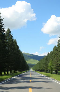 A serene straight road through a picturesque landscape, lined with tall trees on both sides, with gentle sunlight filtering through the leaves