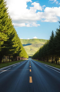 A serene straight road through a picturesque landscape, lined with tall trees on both sides, with gentle sunlight filtering through the leaves