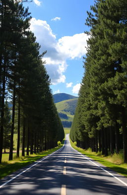 A serene straight road through a picturesque landscape, lined with tall trees on both sides, with gentle sunlight filtering through the leaves