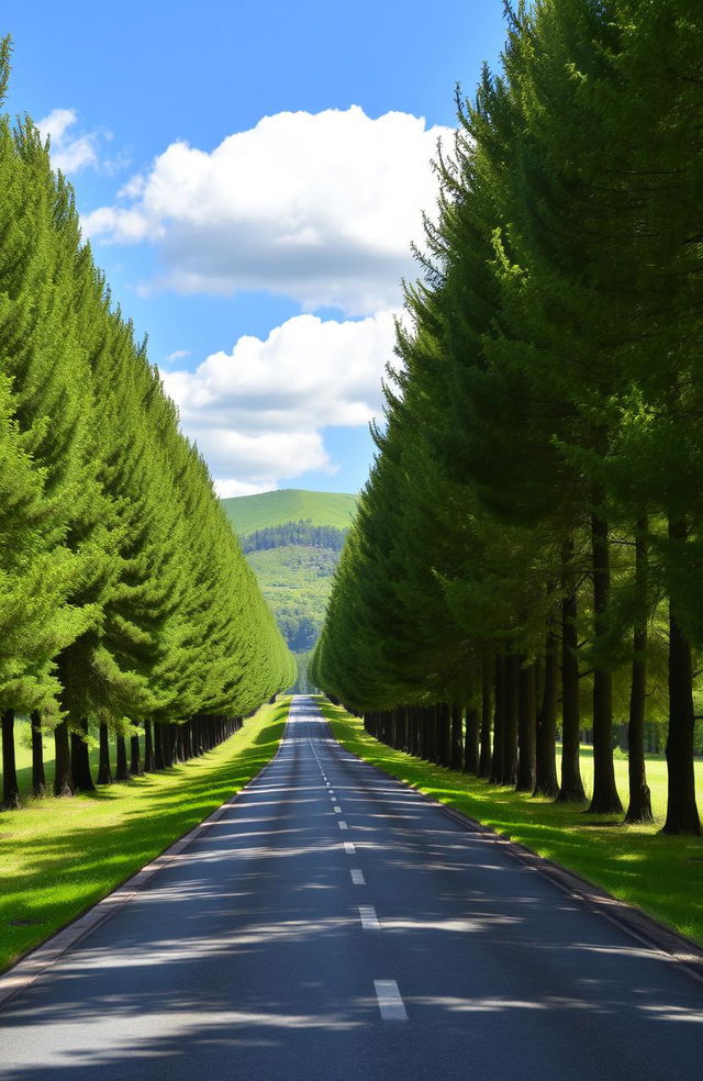 A serene straight road through a picturesque landscape, lined with tall trees on both sides, with gentle sunlight filtering through the leaves