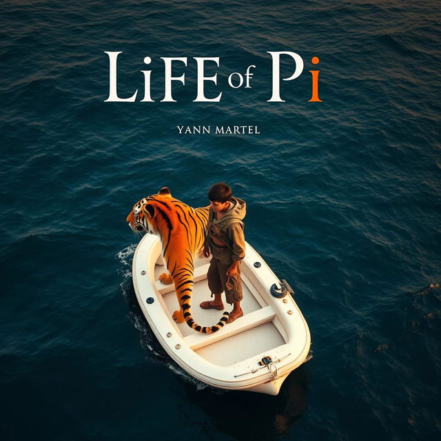 A captivating high-angle shot inspired by 'Life of Pi', featuring a strong 16-year-old boy standing confidently on a small, white lifeboat alongside a majestic Bengal tiger