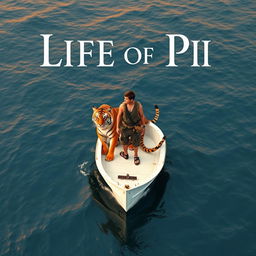 A captivating high-angle shot inspired by 'Life of Pi', featuring a strong 16-year-old boy standing confidently on a small, white lifeboat alongside a majestic Bengal tiger