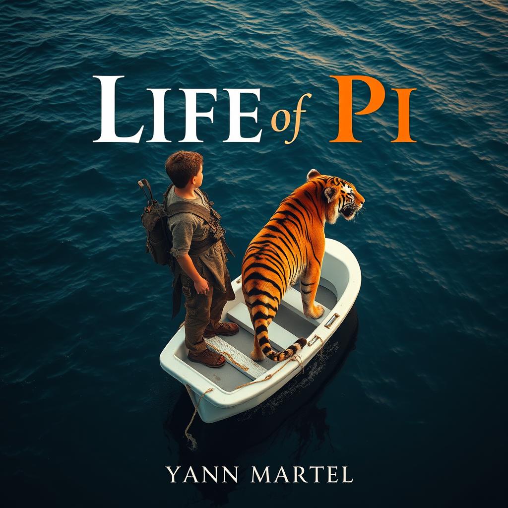 A captivating high-angle shot inspired by 'Life of Pi', featuring a strong 16-year-old boy standing confidently on a small, white lifeboat alongside a majestic Bengal tiger