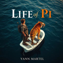 A captivating high-angle shot inspired by 'Life of Pi', featuring a strong 16-year-old boy standing confidently on a small, white lifeboat alongside a majestic Bengal tiger