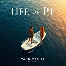 A captivating high-angle shot inspired by 'Life of Pi', featuring a strong 16-year-old boy standing confidently on a small, white lifeboat alongside a majestic Bengal tiger