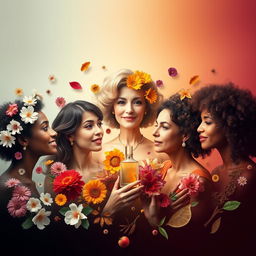 An artistic representation of the changing scents of women through different life stages, focusing on the nuances of body fragrance