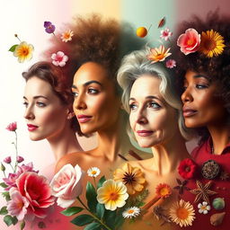 An artistic representation of the changing scents of women through different life stages, focusing on the nuances of body fragrance