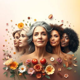 An artistic representation of the changing scents of women through different life stages, focusing on the nuances of body fragrance