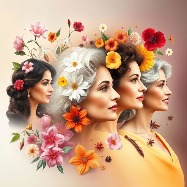 An artistic representation of the changing scents of women through different life stages, focusing on the nuances of body fragrance