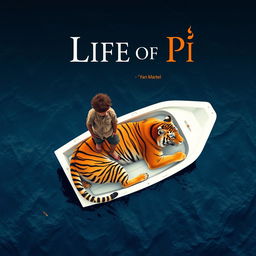 An imaginative bird's-eye view shot inspired by 'Life of Pi', showcasing a strong 16-year-old boy standing on a small, white lifeboat alongside a magnificent Bengal tiger