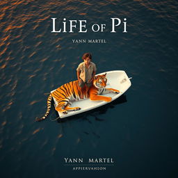 An imaginative bird's-eye view shot inspired by 'Life of Pi', showcasing a strong 16-year-old boy standing on a small, white lifeboat alongside a magnificent Bengal tiger