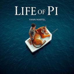 An imaginative bird's-eye view shot inspired by 'Life of Pi', showcasing a strong 16-year-old boy standing on a small, white lifeboat alongside a magnificent Bengal tiger