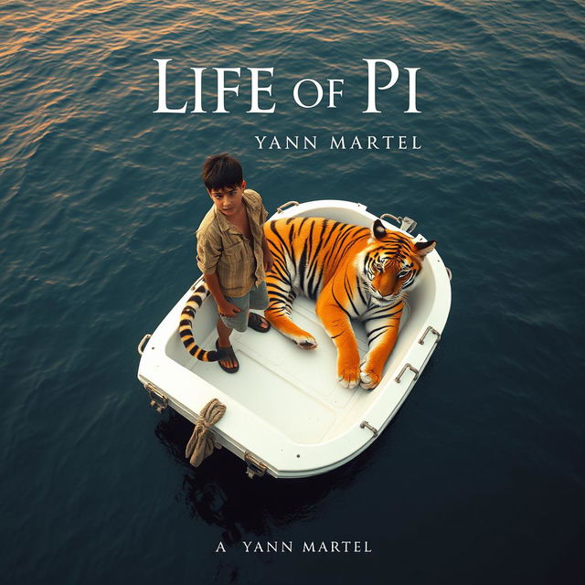 An imaginative bird's-eye view shot inspired by 'Life of Pi', showcasing a strong 16-year-old boy standing on a small, white lifeboat alongside a magnificent Bengal tiger