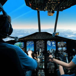 A digital avatar of a user flying an airplane, focusing on the cockpit with plethora of controls, against the backdrop of a bright blue sky.