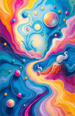 A vibrant and colorful depiction of an abstract dreamscape filled with swirling colors and ethereal shapes