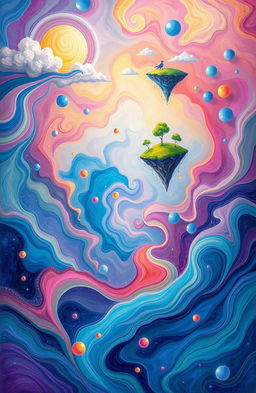 A vibrant and colorful depiction of an abstract dreamscape filled with swirling colors and ethereal shapes